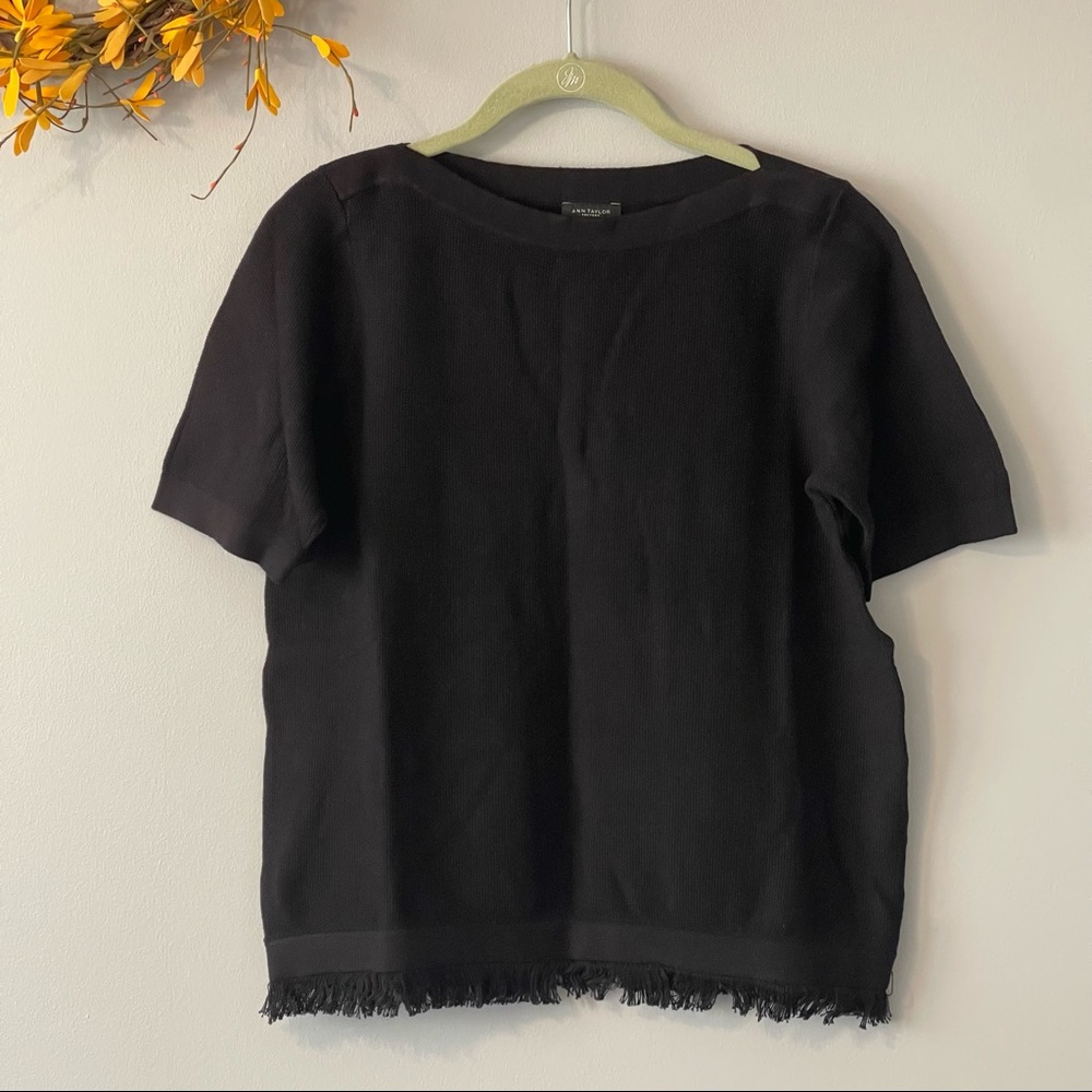 NWT Ann Taylor Factory Black Fringe Hem Boatneck Short Sleeve Sweater